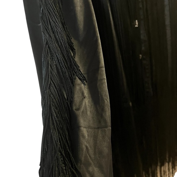 Fabulous black super long fringe long sleeved satin dress w/ rhinestone buttons - Picture 3 of 6